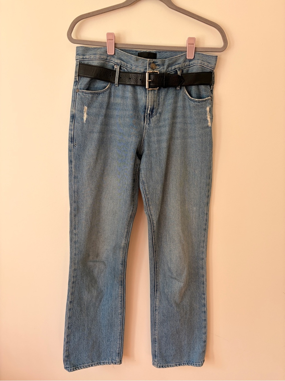 RtA Classic Light Blue Straight-Leg Jeans with Novelty Black Belt